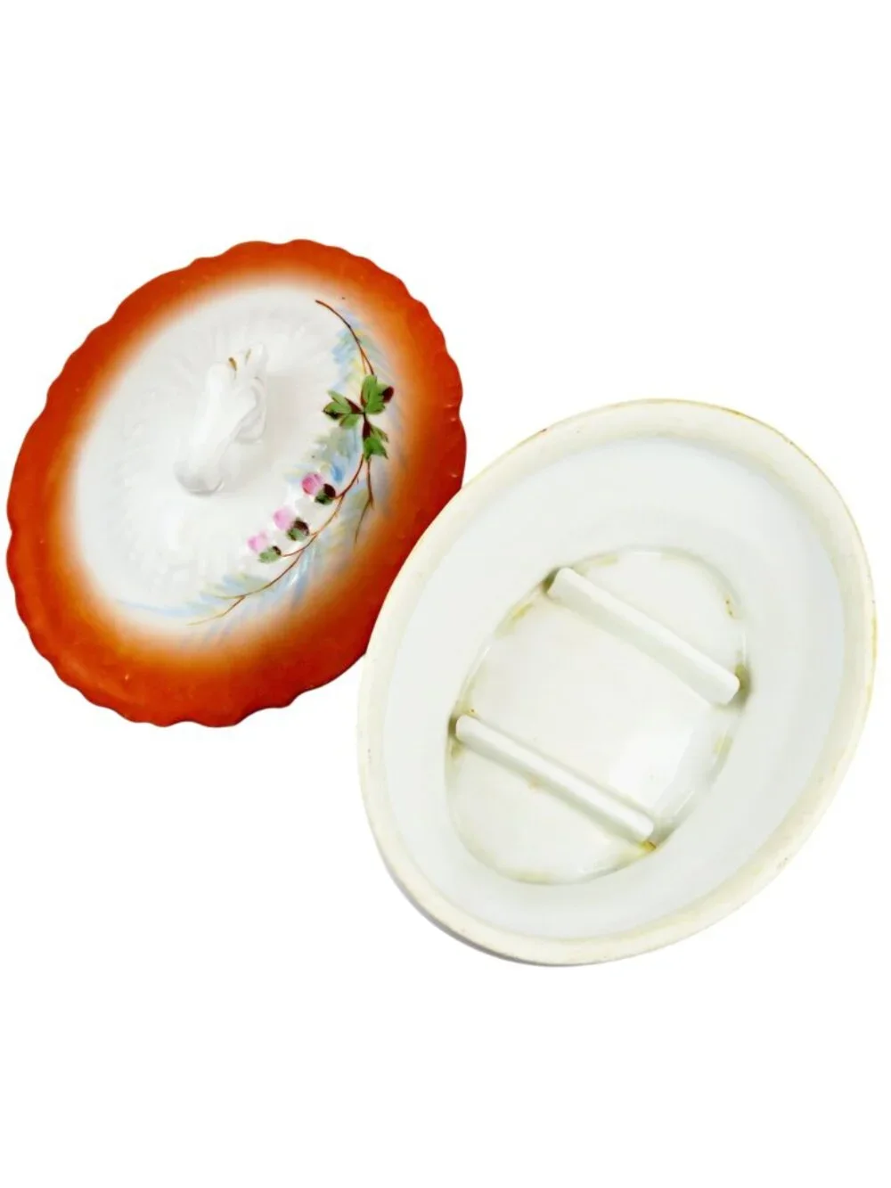 Vintage Luster-Style Covered Vanity Dishes – Rosebud Motif, Hand-Numbered Pair